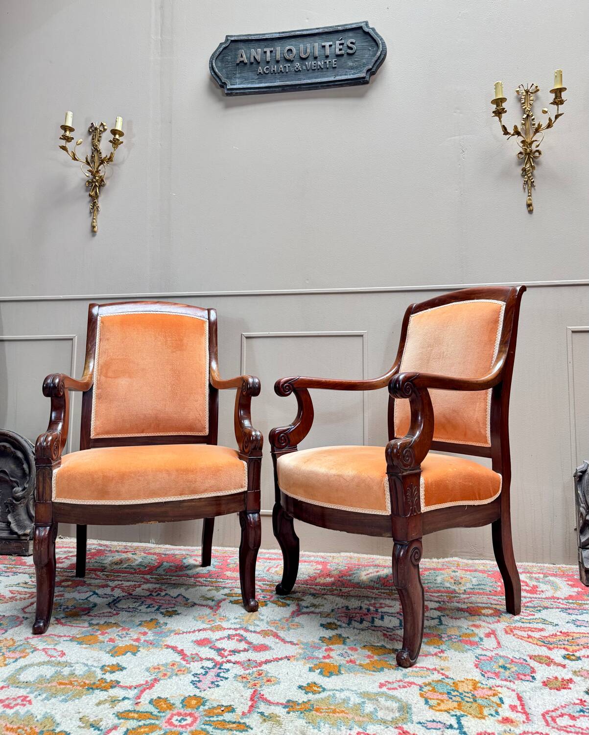 Pair of Solid Mahogany Armchairs from the 19th Century Restoration Period