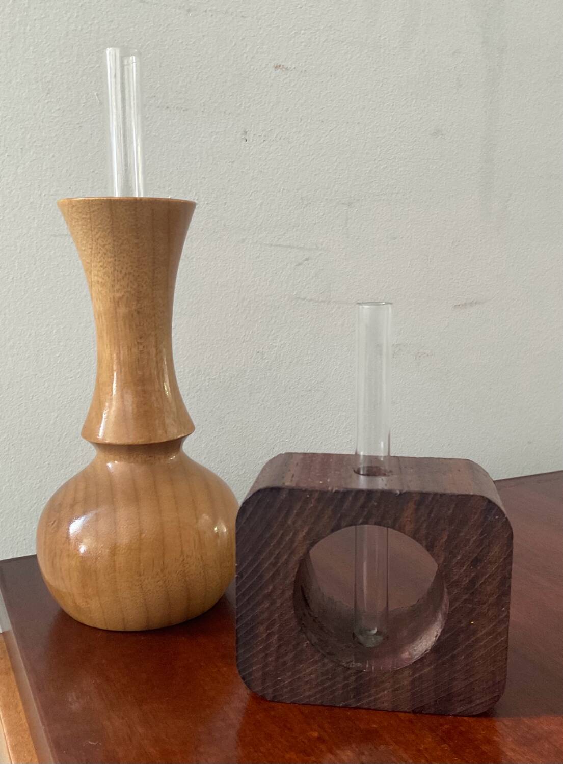 Duo of Scandinavian soliflores in wood and glass