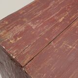 Rustic Parisian cabinet in pine wood with old burgundy paint layers, ca. 18