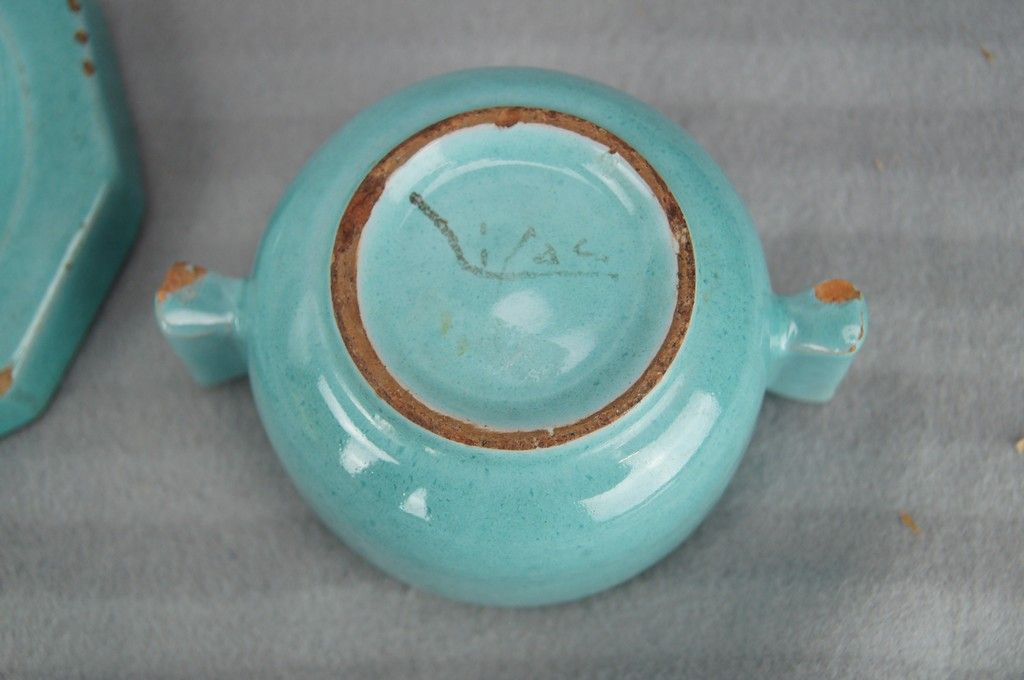 Octagonal blue-green ceramic pot and pouch Lifas / Alice Sordet-Bonifas (1902-1975)