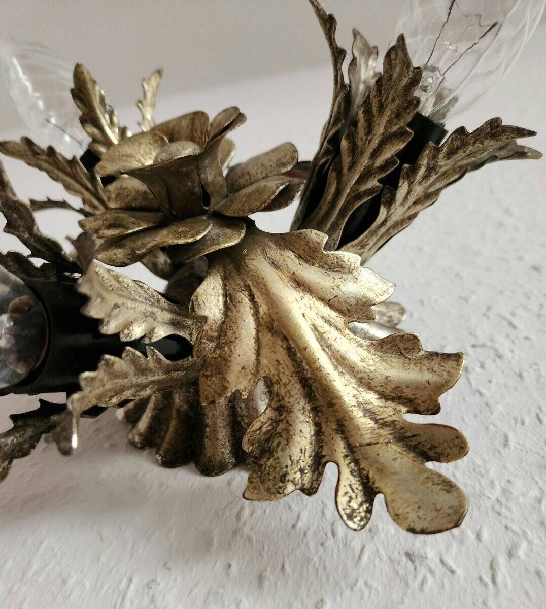 Vintage Florentine floral hand-forged silver-plated 3-light flush mount from Banci Firenze, Italy, Florence 1960s, set of 5