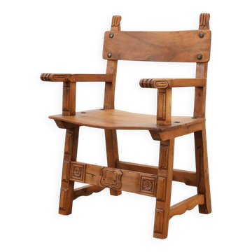Rustic carved oak Iberian side chair, Spain ca. 1900