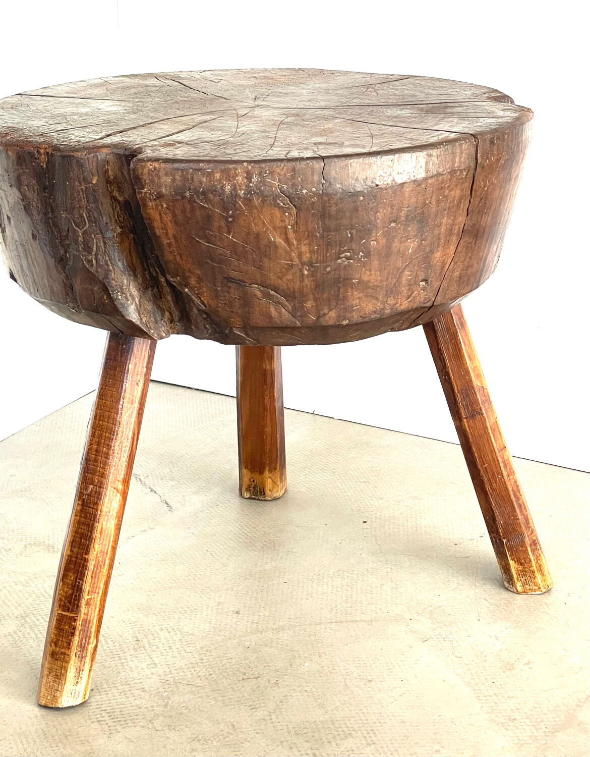 Large brutalist solid wood round tripod side table