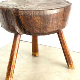 Large brutalist solid wood round tripod side table