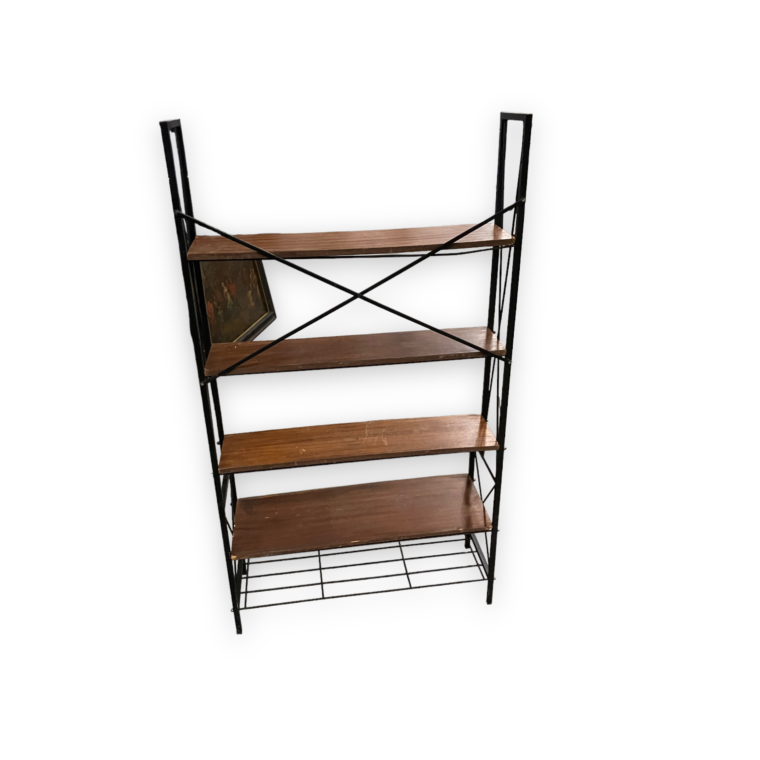 1950s teak and black metal shelf bookcase