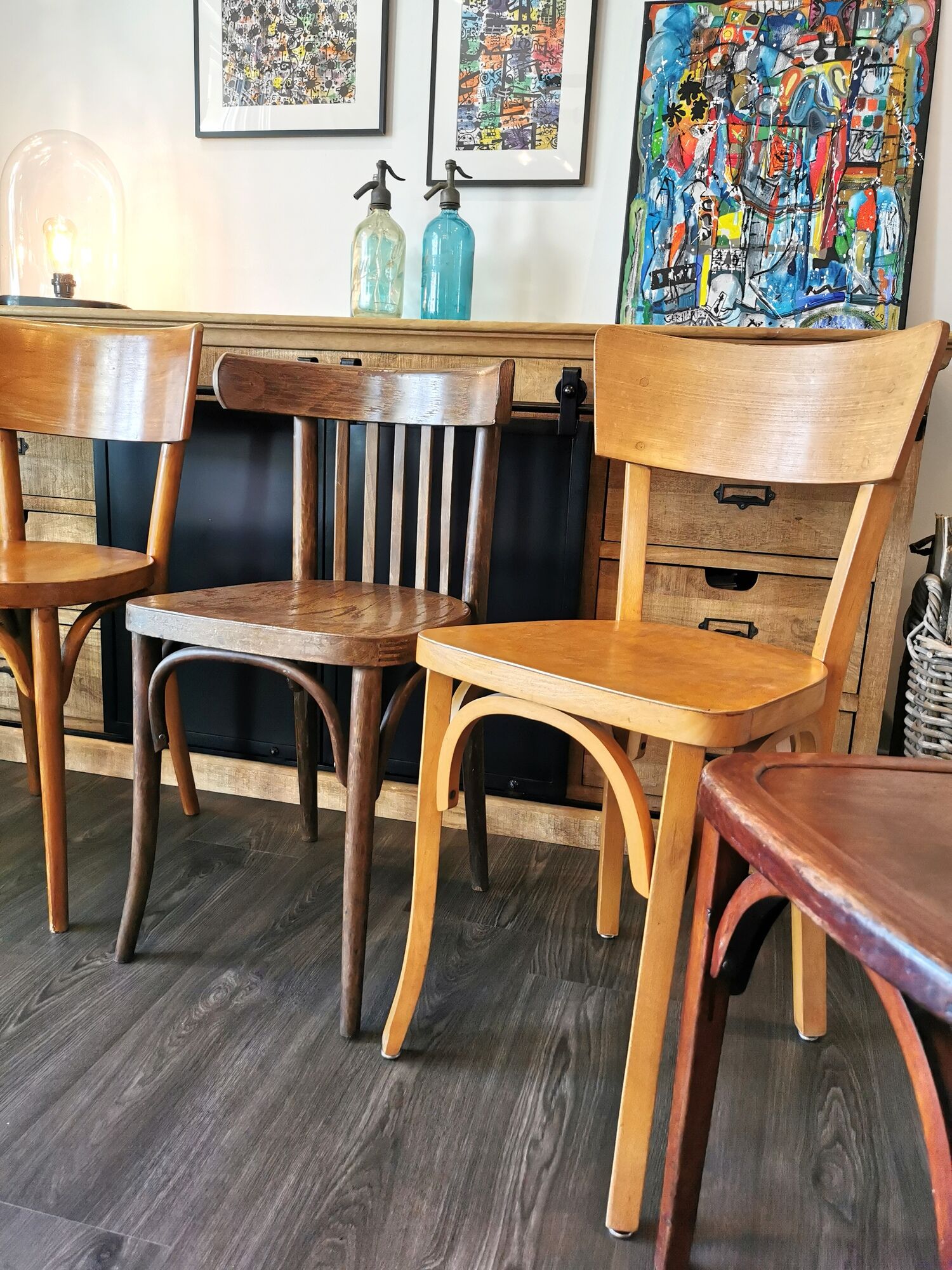 Baumann Stella and Luterma series of 6 mismatched bistro chairs