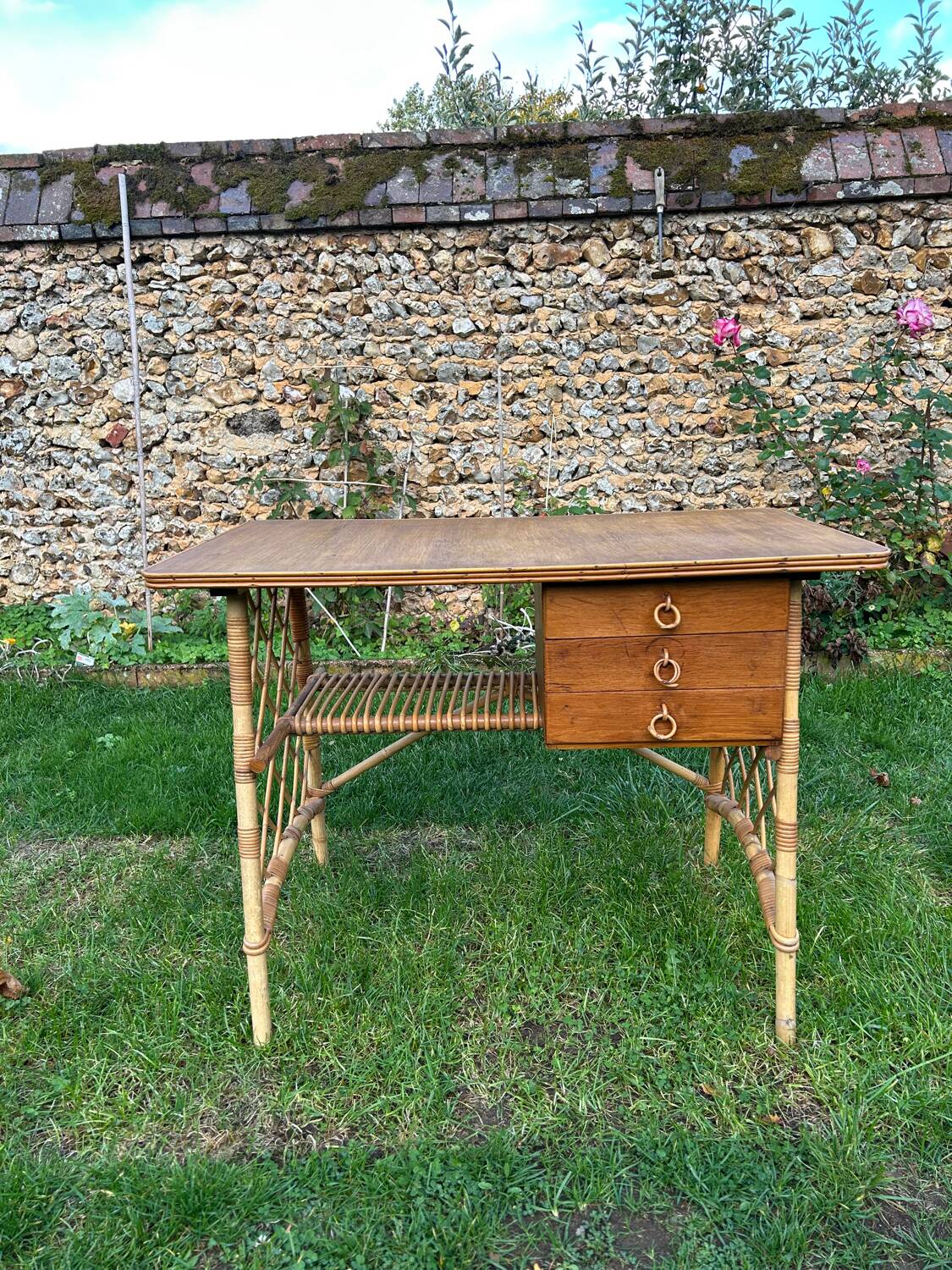 Vintage 1960 rattan desk by Louis Sognot