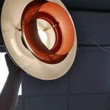 Danish hanging lamp in silver-coloured aluminium with contrasting orange lacquer inside.
