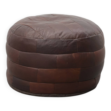 Round Patchwork Leather Pouf, Switzerland, 1970s