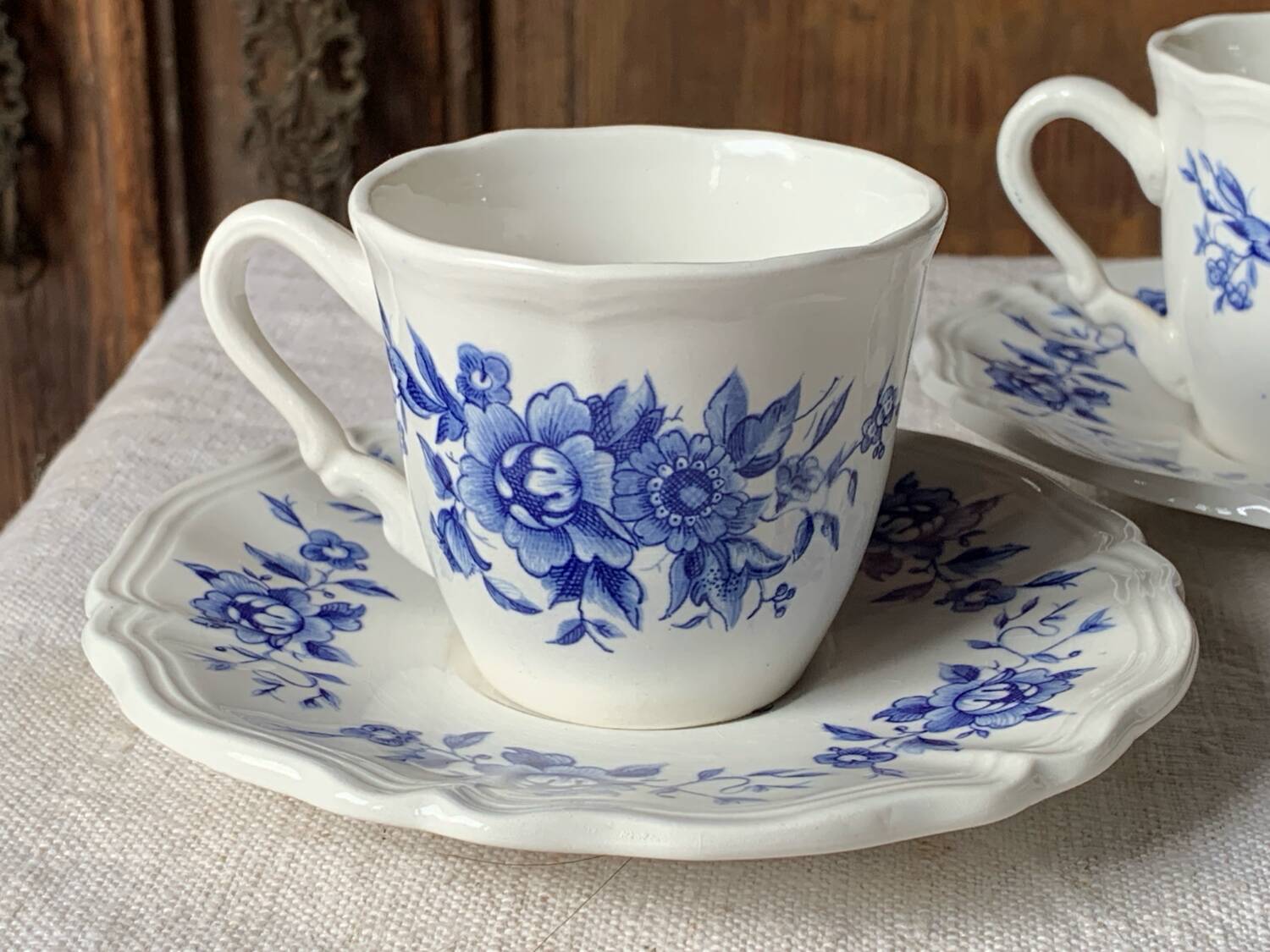 Three antique blue coffee cups from Sarreguemines, France