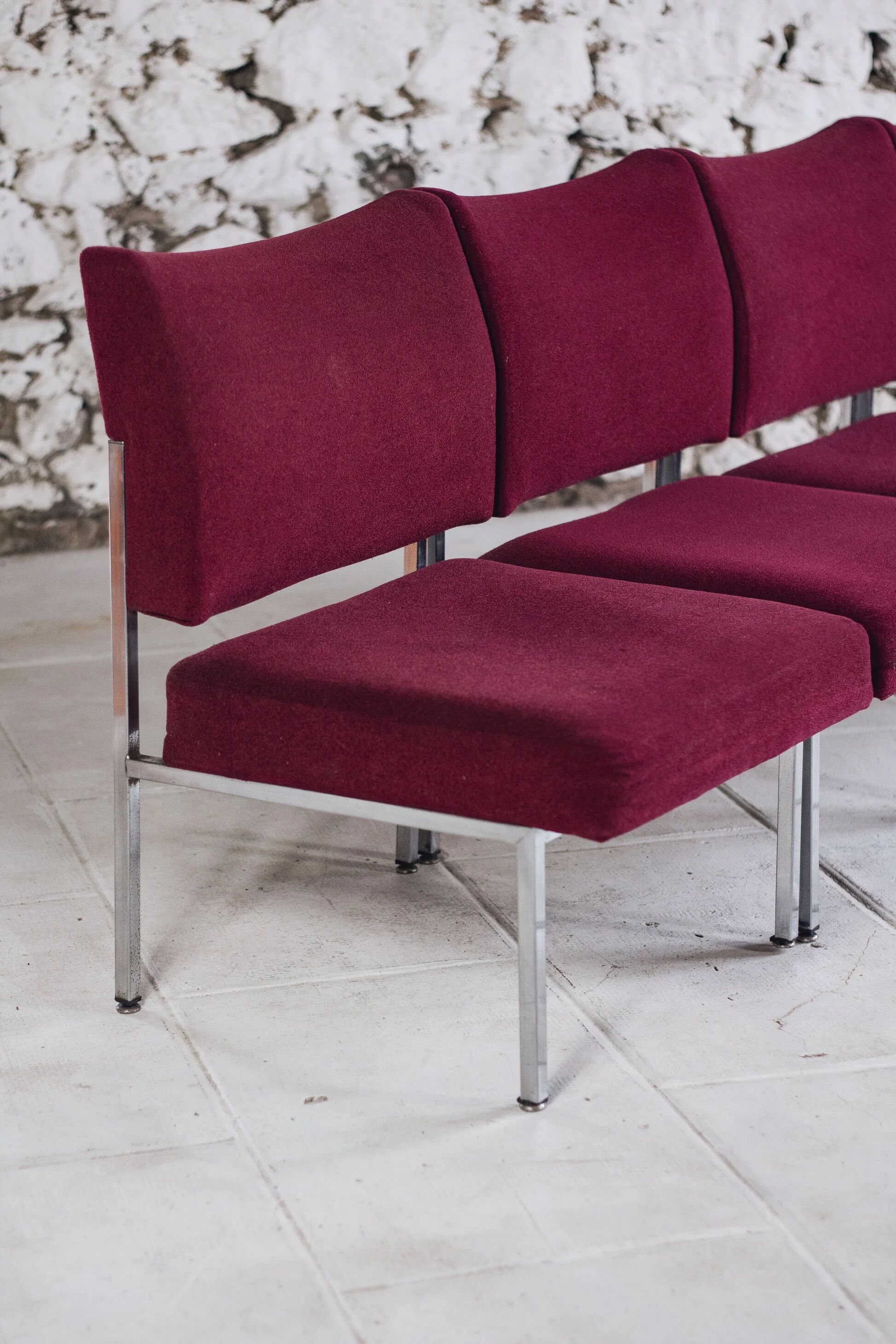 Set of 4 modernist burgundy armchairs, 1970.
