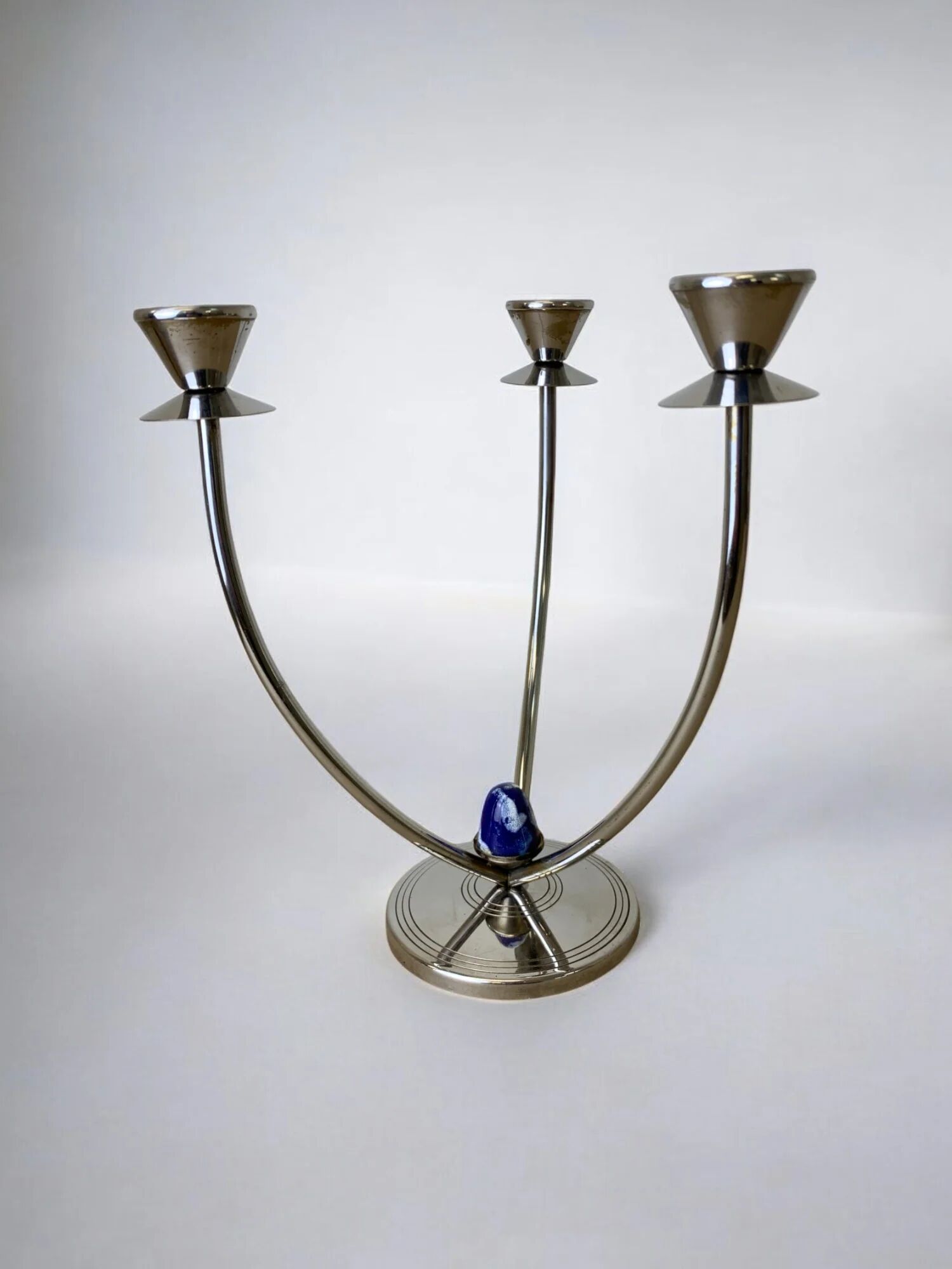 Art deco candlestick in stainless steel, 3 flames and blue stones, Spain, circa 1970s