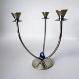 Art deco candlestick in stainless steel, 3 flames and blue stones, Spain, circa 1970s