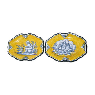 Pair of oval dishes in hand-painted faience with an Italian majolica spirit.