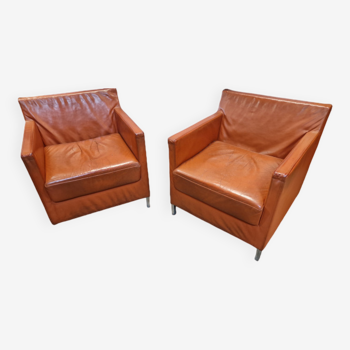 Pair of vintage orange leather armchairs