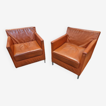 Paire de fauteuils vintage en cuir orange