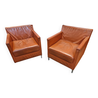 Pair of vintage orange leather armchairs