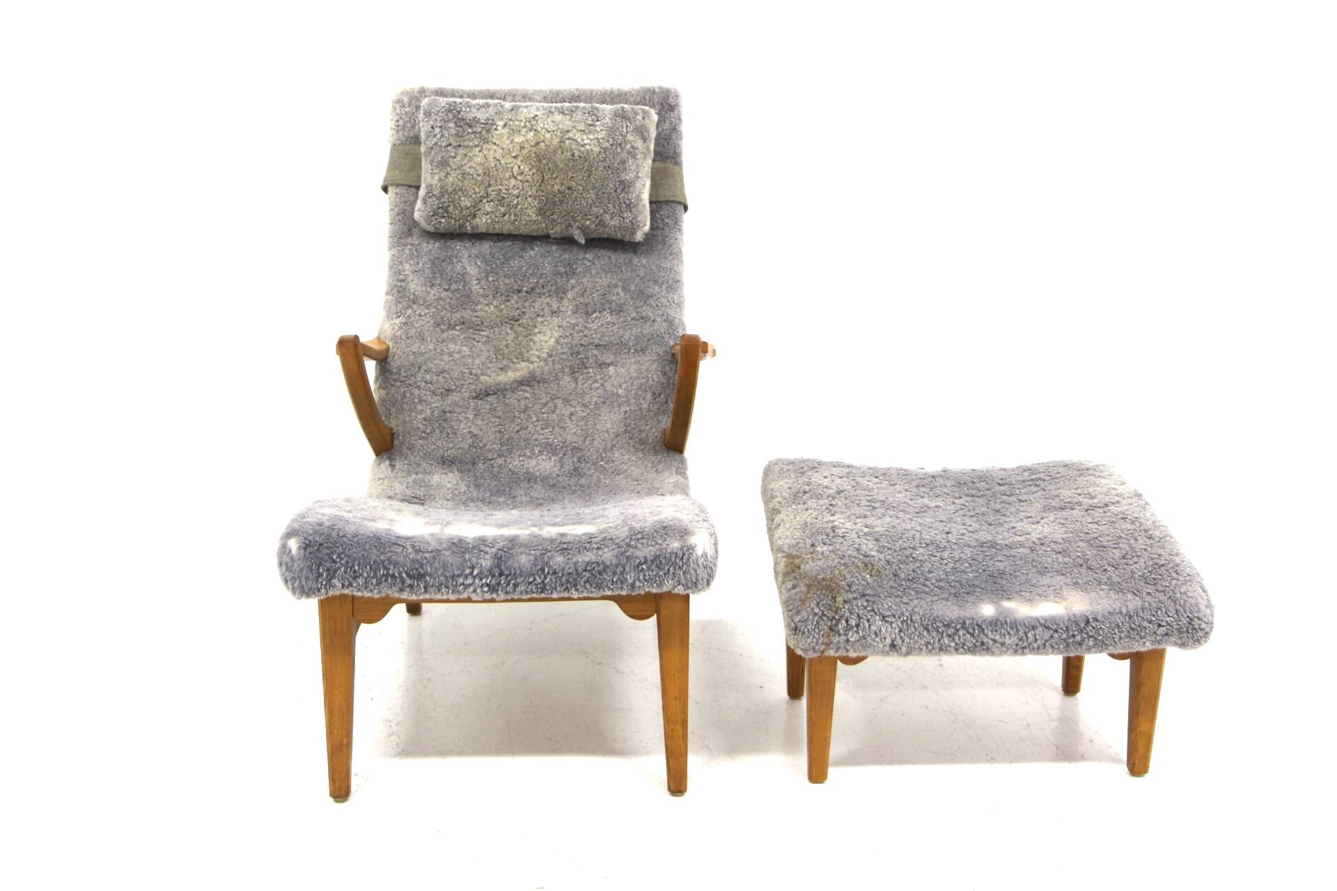 Scandinavian sheepskin armchair and footstool, Sweden, 1960