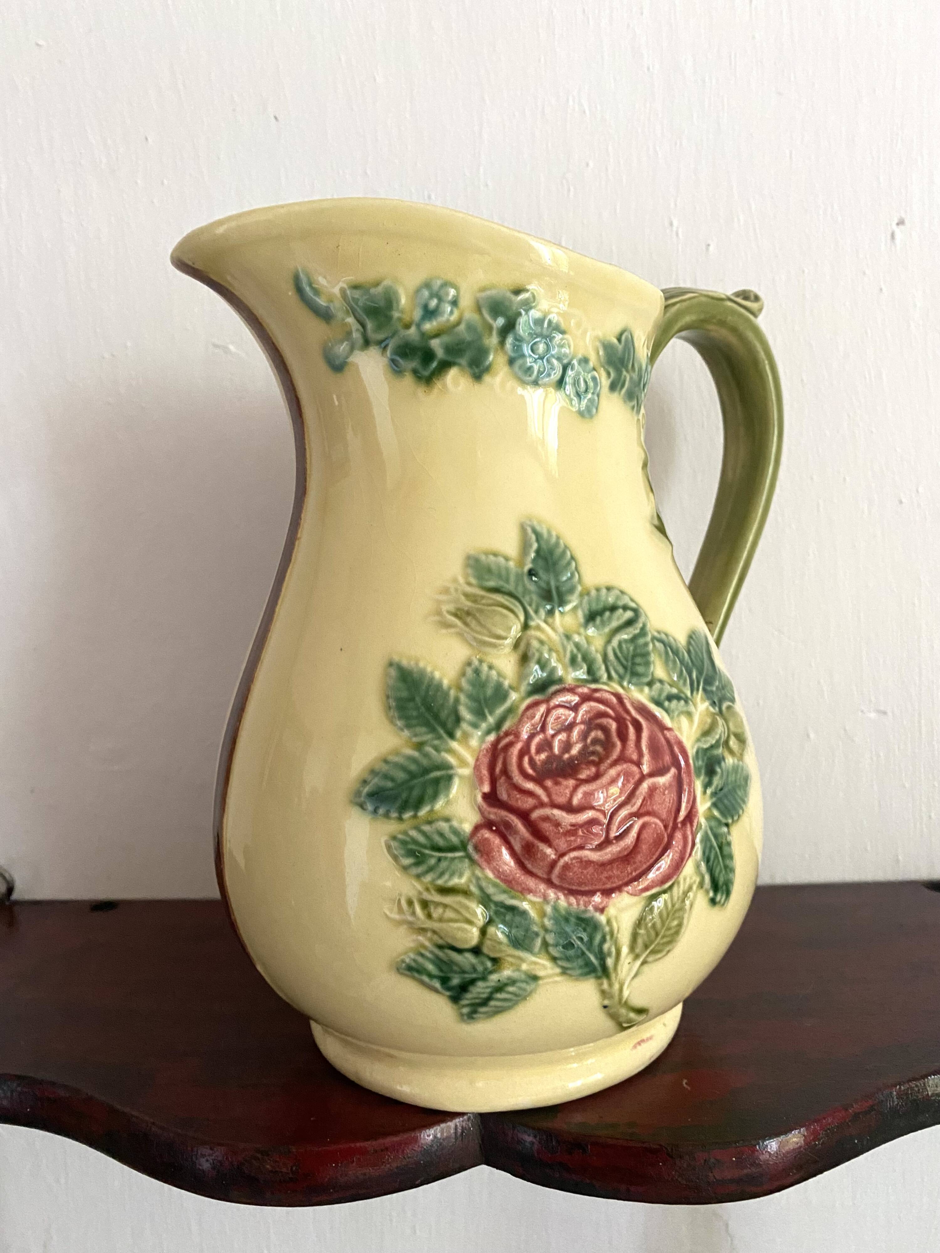 Luneville slip pitcher, Rose decor