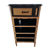 Raw oak and matte black storage cabinet on stencil top and transfer