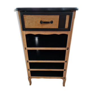 Raw oak and matte black storage cabinet on stencil top and transfer