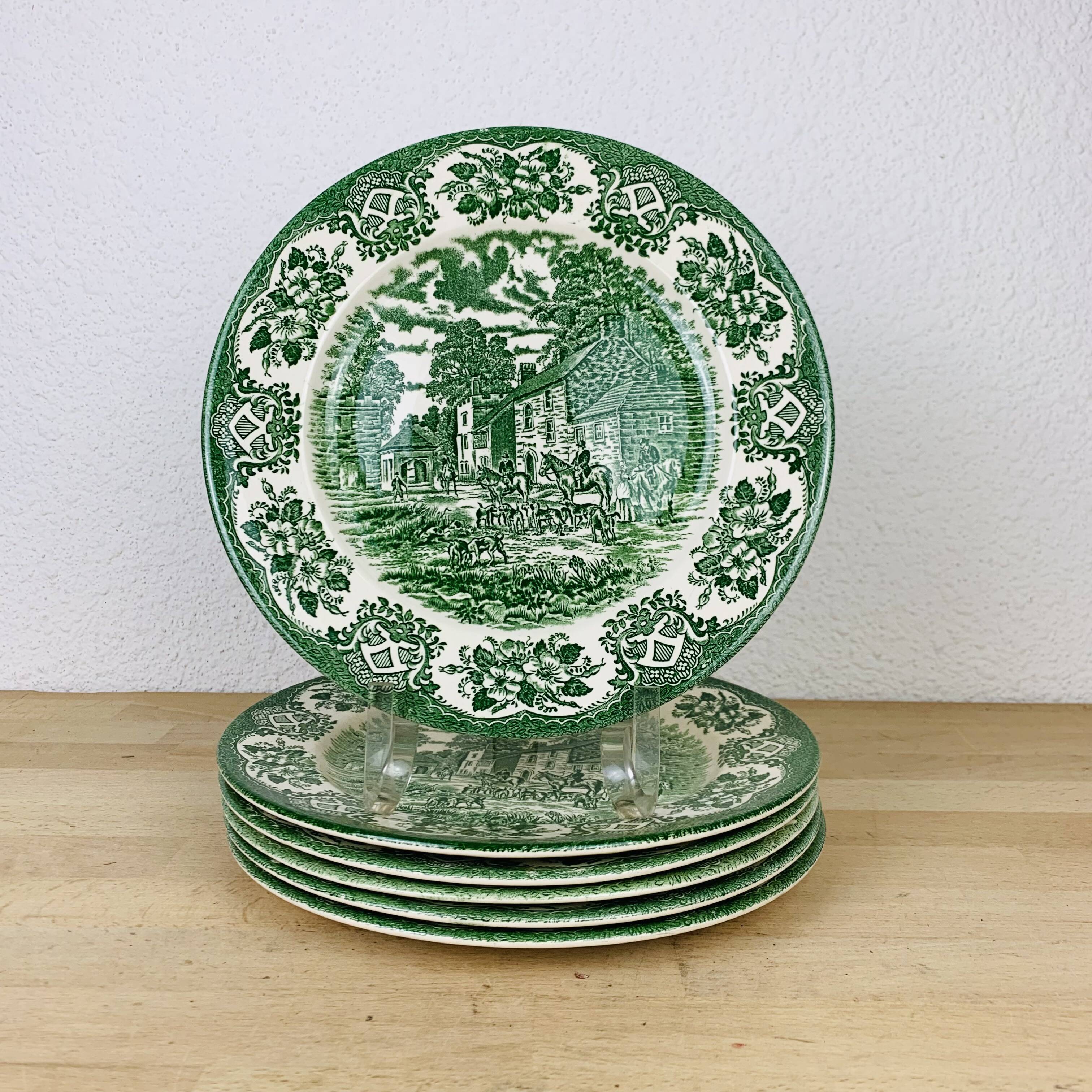6 green English ironstone plates