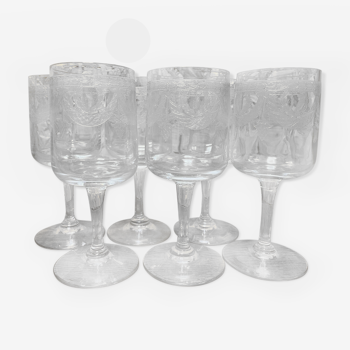 Série de 6 verres cristal XlXeme, empire, gravés, frises, couronne lauriers