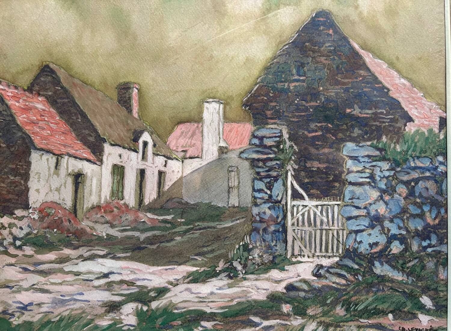 Gouache et charbon, Un hameau à La Haye, ch. Levaché