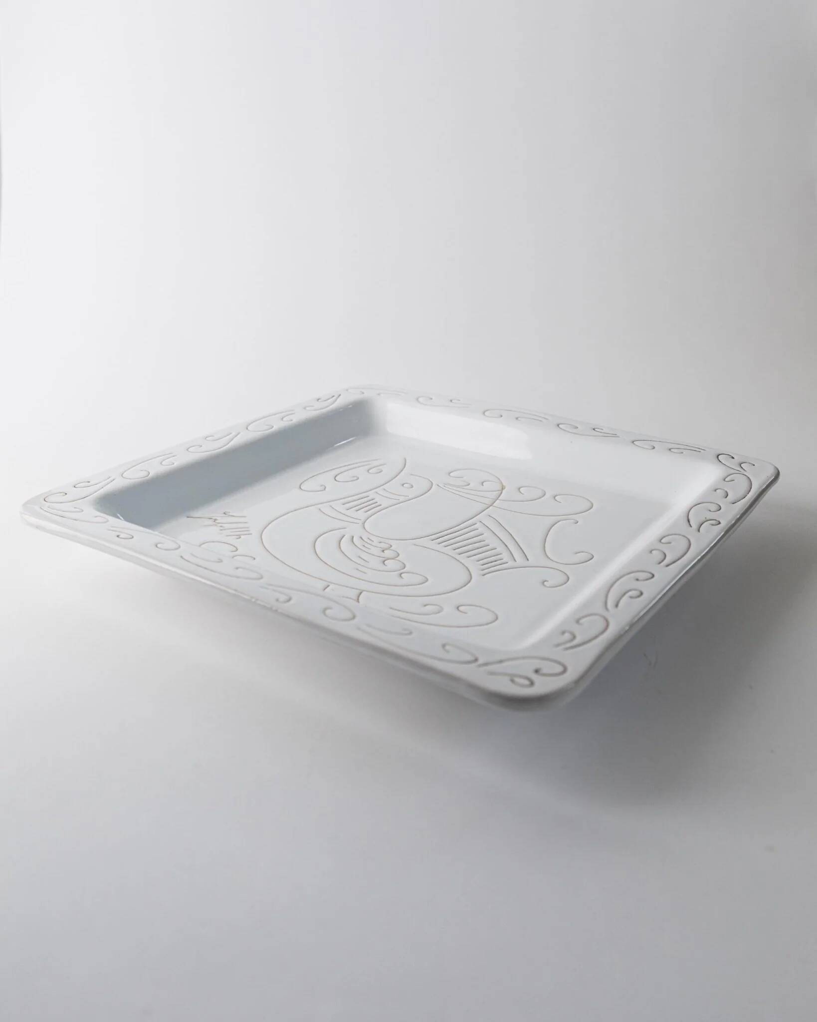 White Ceramic Plate with Etched Rooster Relief – Vintage Mid-Century Square Plate, Jacques Innocenti Style