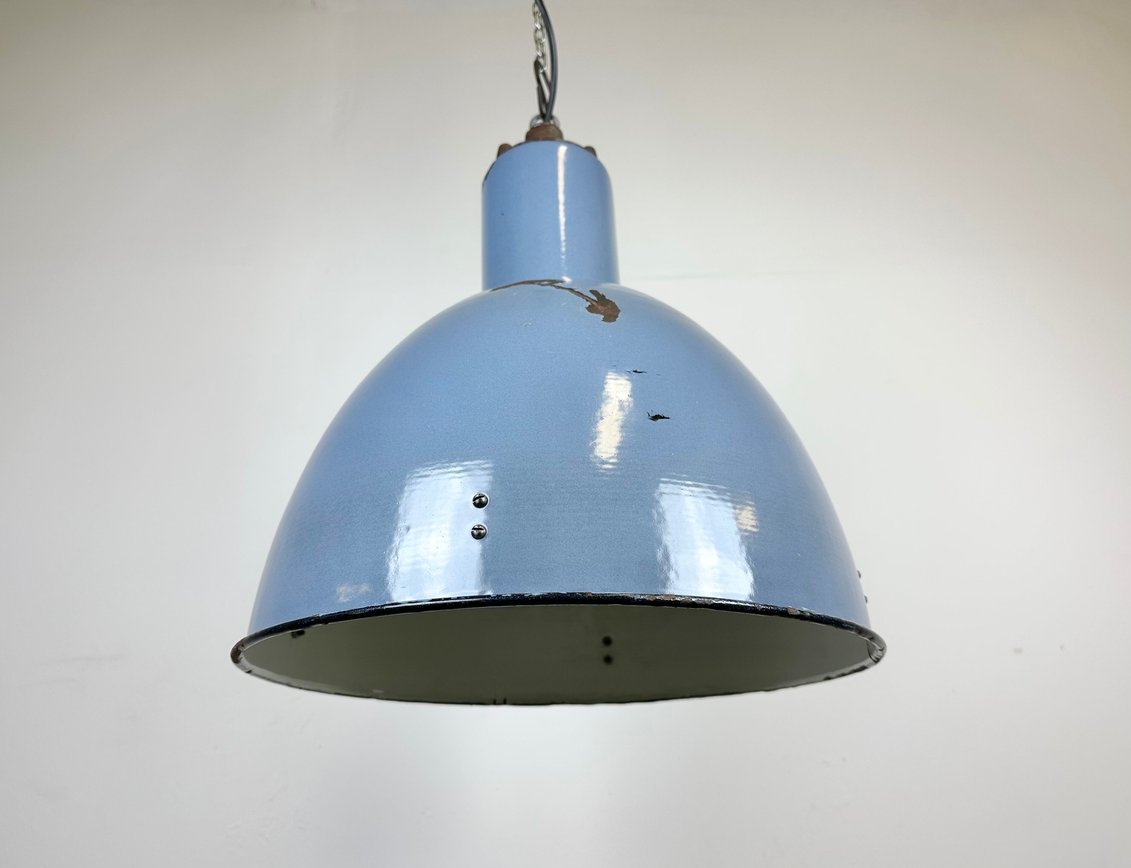 Bauhaus blue enamel industrial pendant lamp, 1950s