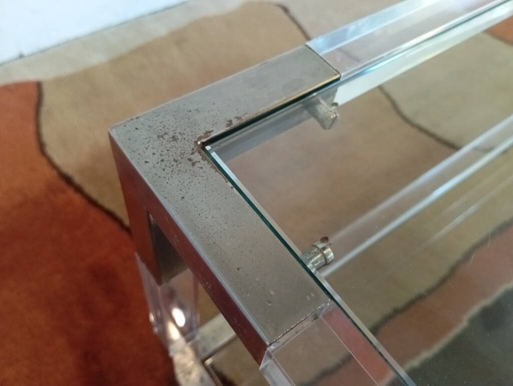 80s Lucite, Glass and Metal Coffee Table