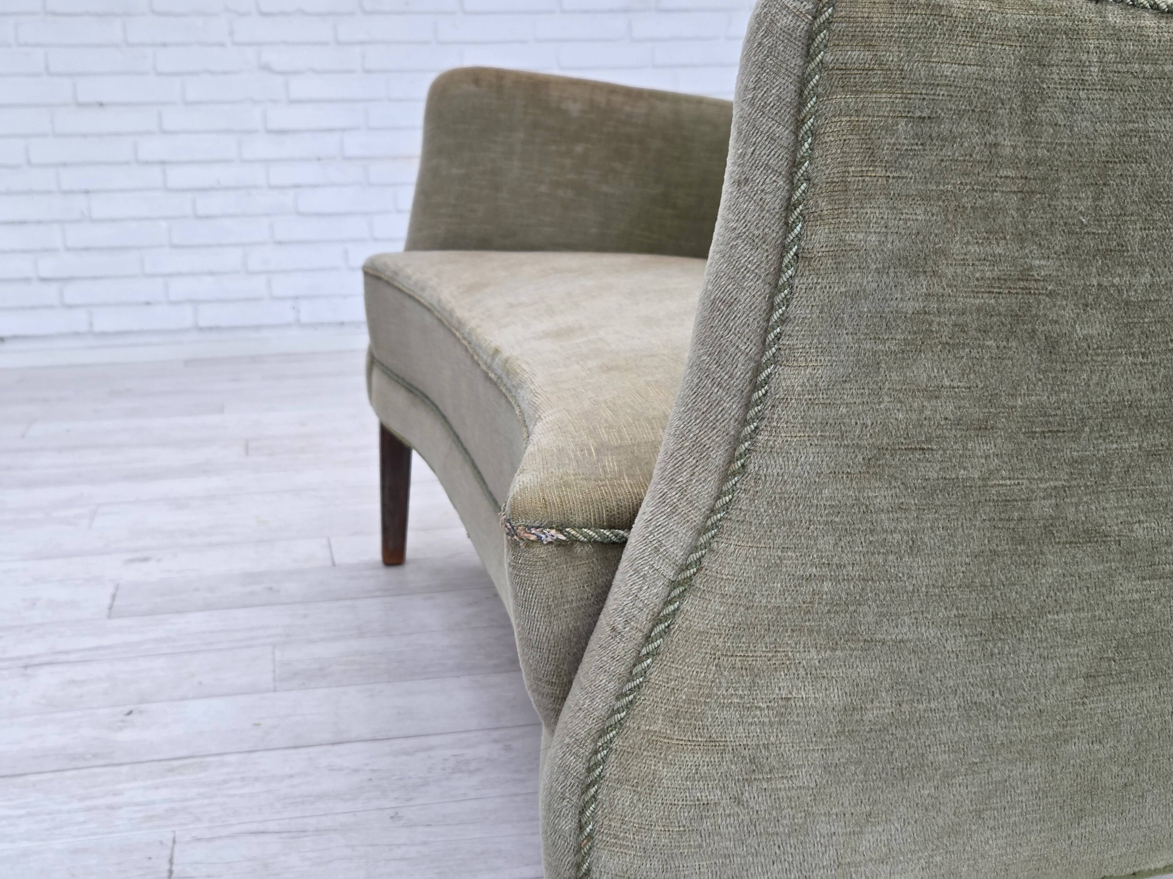 1960s, Danish curved 2-seater sofa, furniture velour, beech wood.