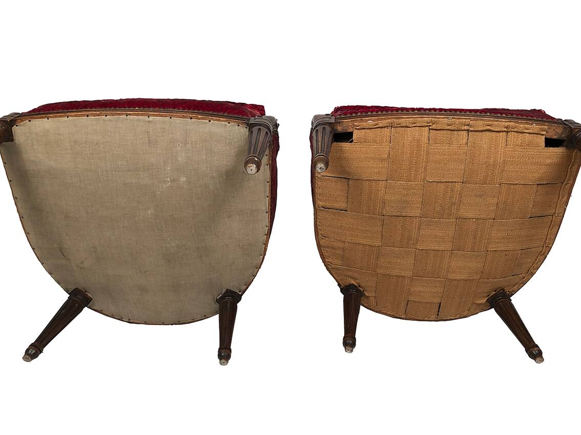 Pair of Transition period armchairs, trimmed with burgundy velvet