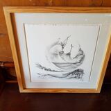 Ancien tableau crayon jerome sterbecq «roulé boulé» + cadre bois noir vintage