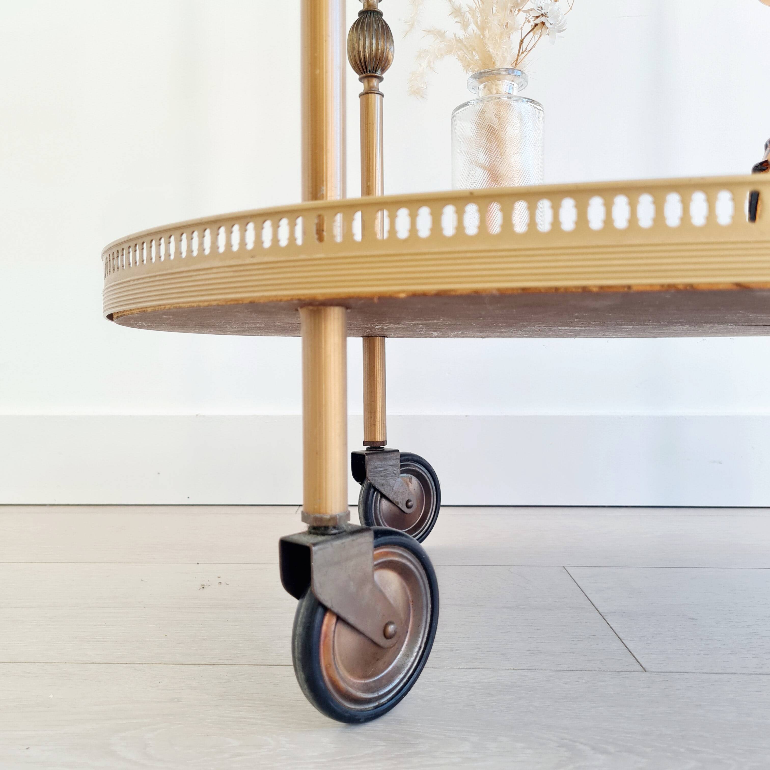 Antique brass rolling oval tray trolley