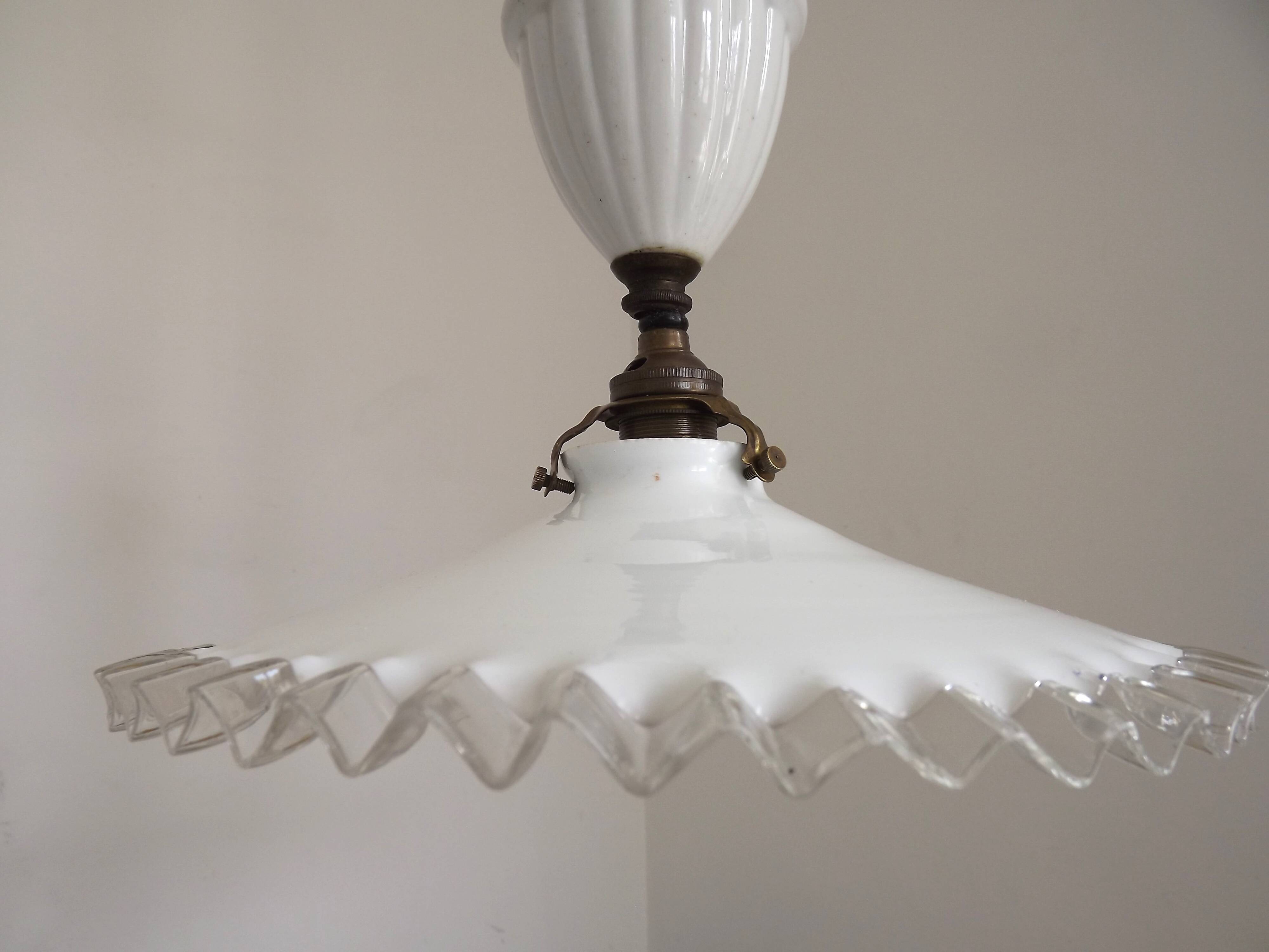 French Counter Balance Ceiling Light White Porcelain & Opaline Glass Shade