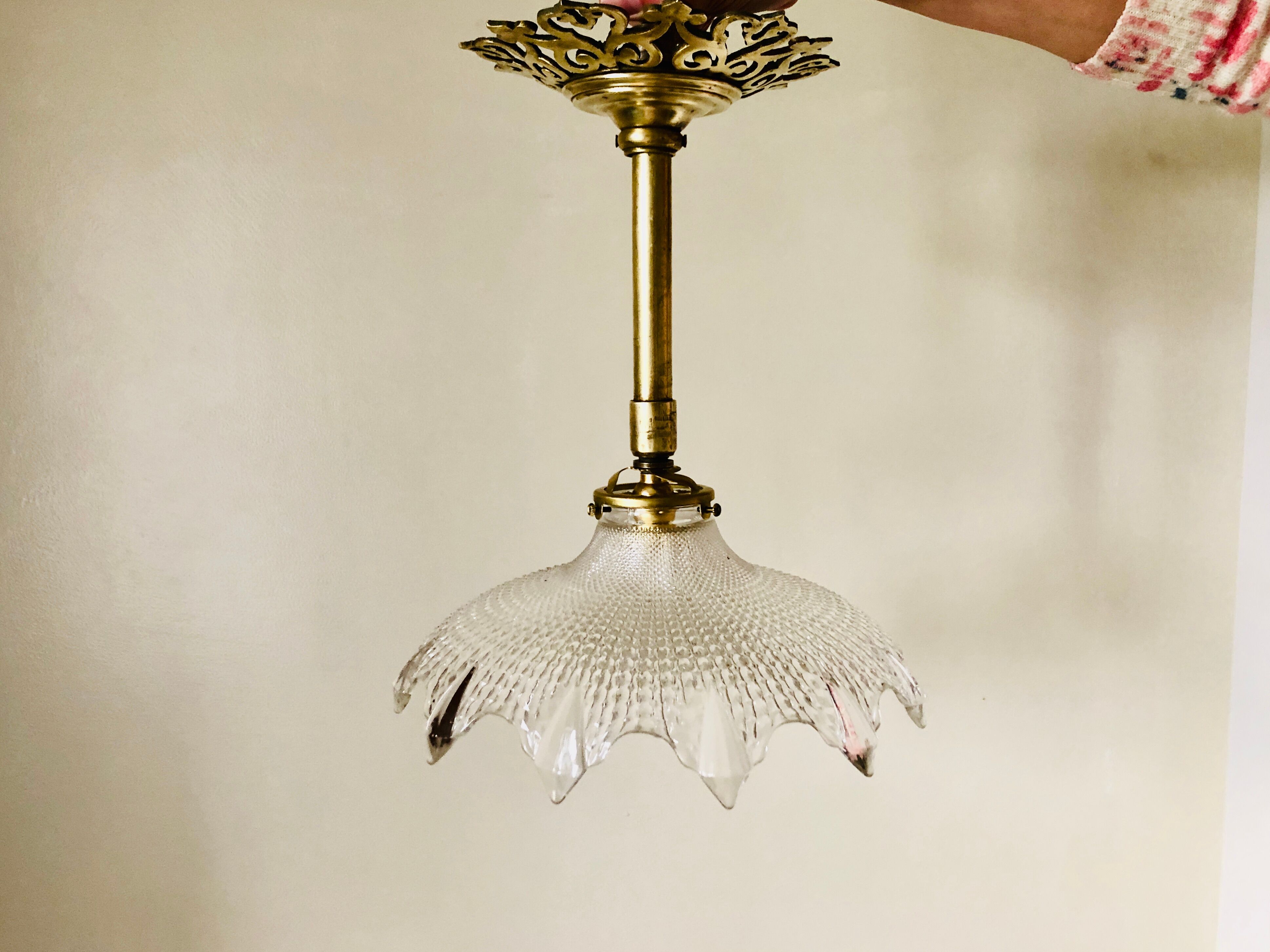 Art Deco pendant lamp brass rose window and diamond glass dome