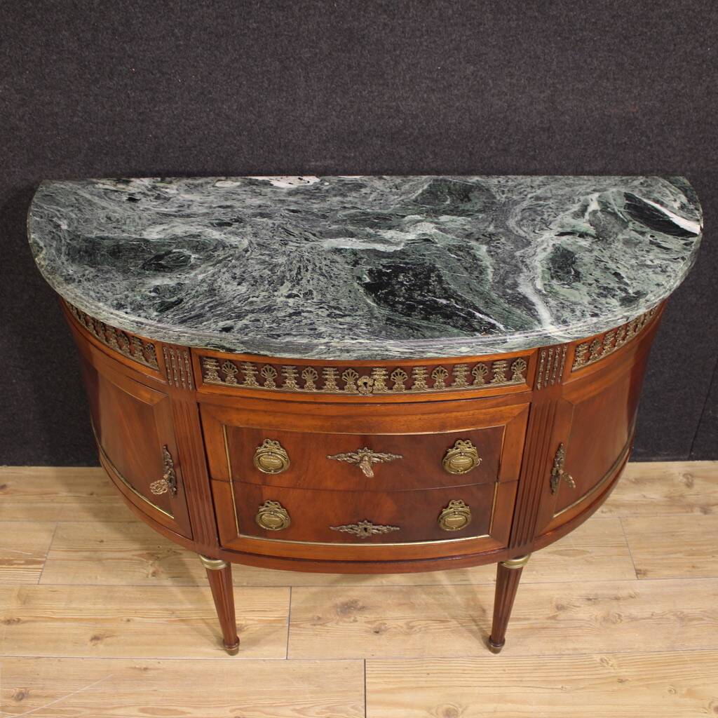 French Louis XVI style half-moon commode with marble top