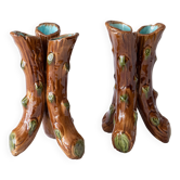 Paire de vases tripodes XIXe Art Nouveau barbotine branches