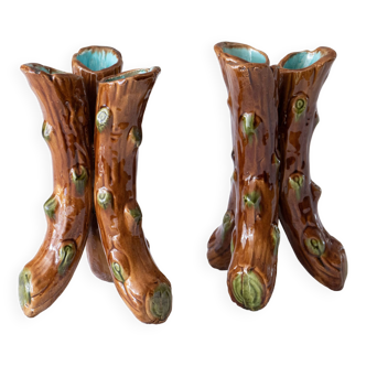 Pair of 19th century Art Nouveau tripod vases with slip branches