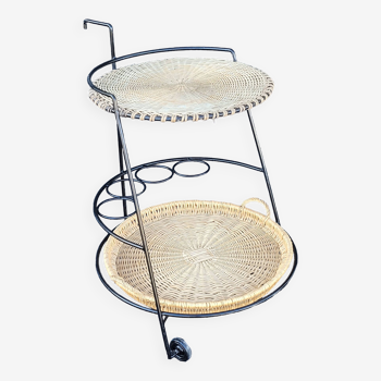 French iron and wicker bar cart from the 1950s