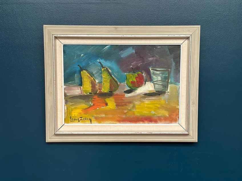 Original Mid Century Oil On Canvas – “Fruit” By Louis Zelig – Vintage & Framed 72 × 55 Cm