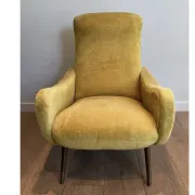 Two designer velvet armchairs from the 1960s in yellow.