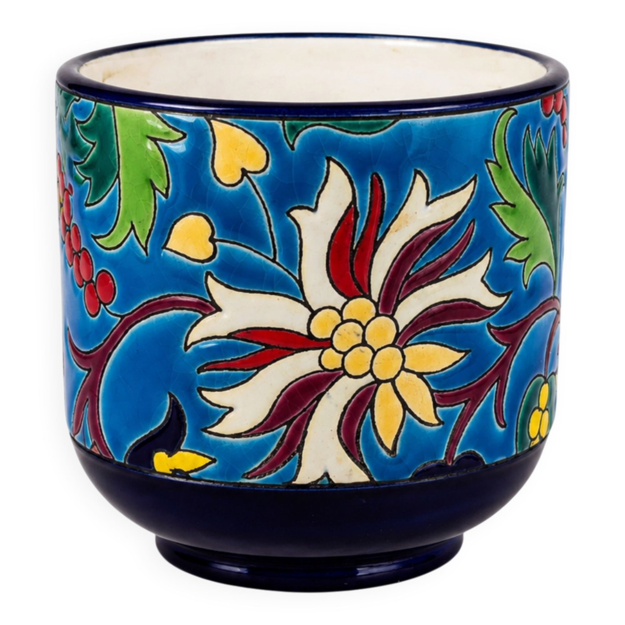 Cache-pot Longwy Art Déco en faïence émaillée décor floral polychrome