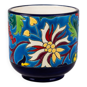 Longwy Art Deco cache-pot in glazed earthenware with polychrome floral decoration.