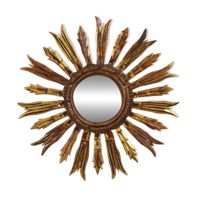 Miroir en bois vintage en forme de soleil, rayons dorés, années 50, 52 cm