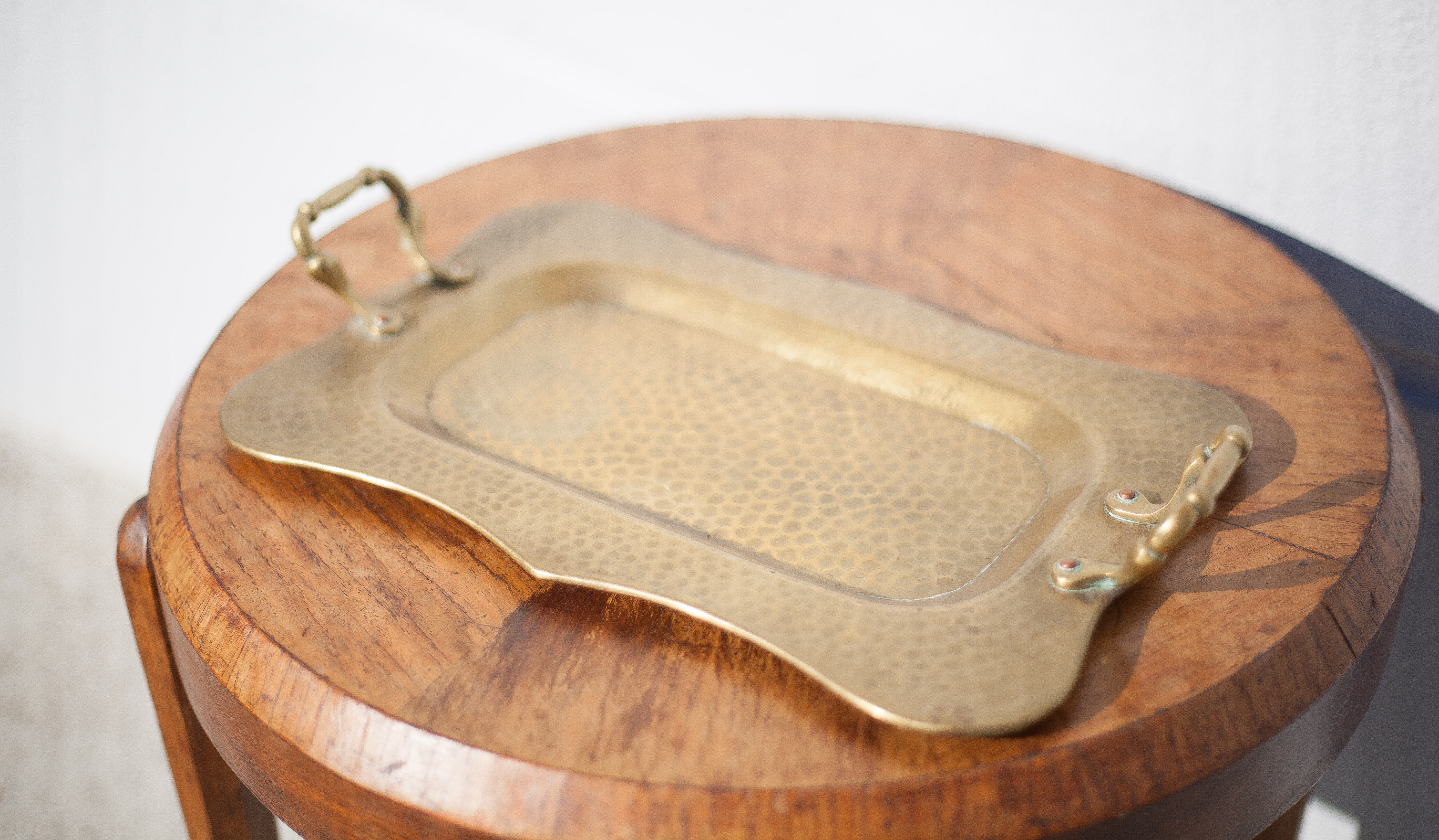 Vintage brass top, E.Roblin Villedieu Manche, handle tray, tableware, hammered top