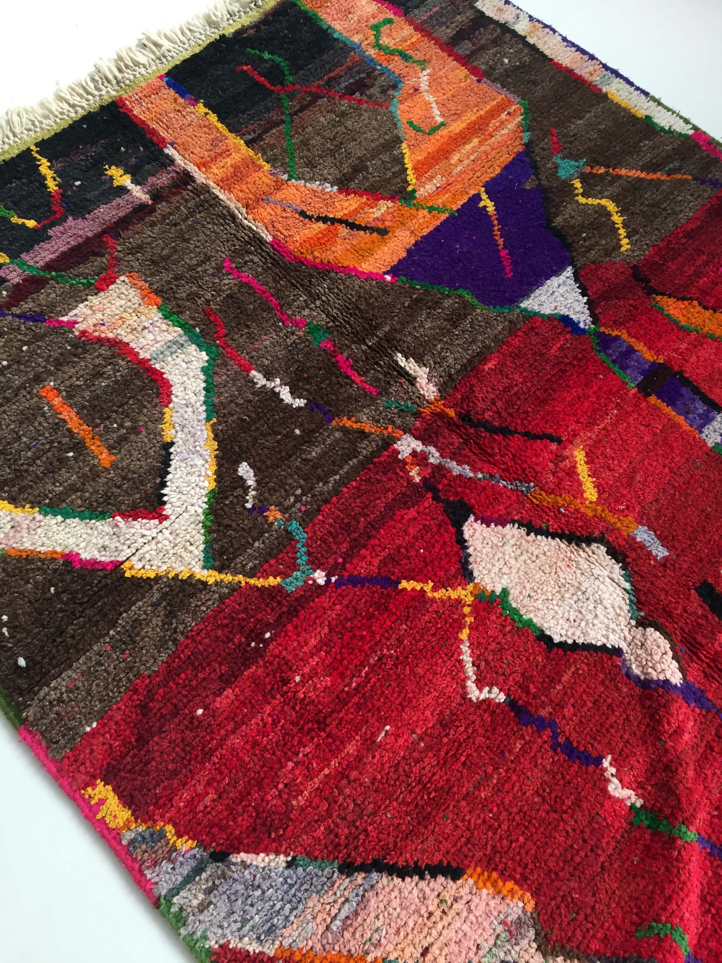 Moroccan Berber carpet Boujaad red and brown with colorful patterns 252x156cm