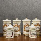 Set of 8 Paris porcelain pharmacy jars with white background with gilding