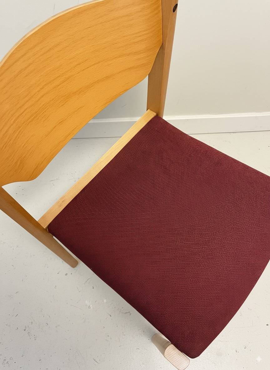 Scandinavian style oak and burgundy chair without armrests